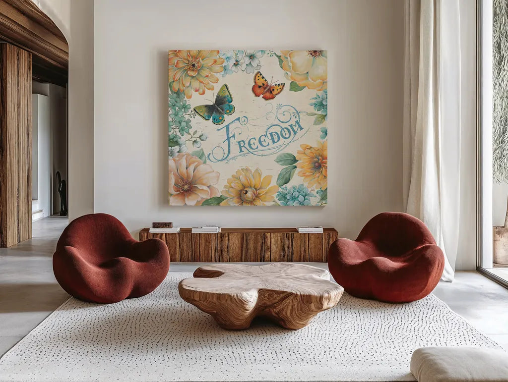 Butterfly Bloom III by Daphne Brissonnet. Shown as extra-large giant wall art in a modern living room. Available as an archival giclee rolled canvas, fine art paper, or poster print. SKU 20303a.