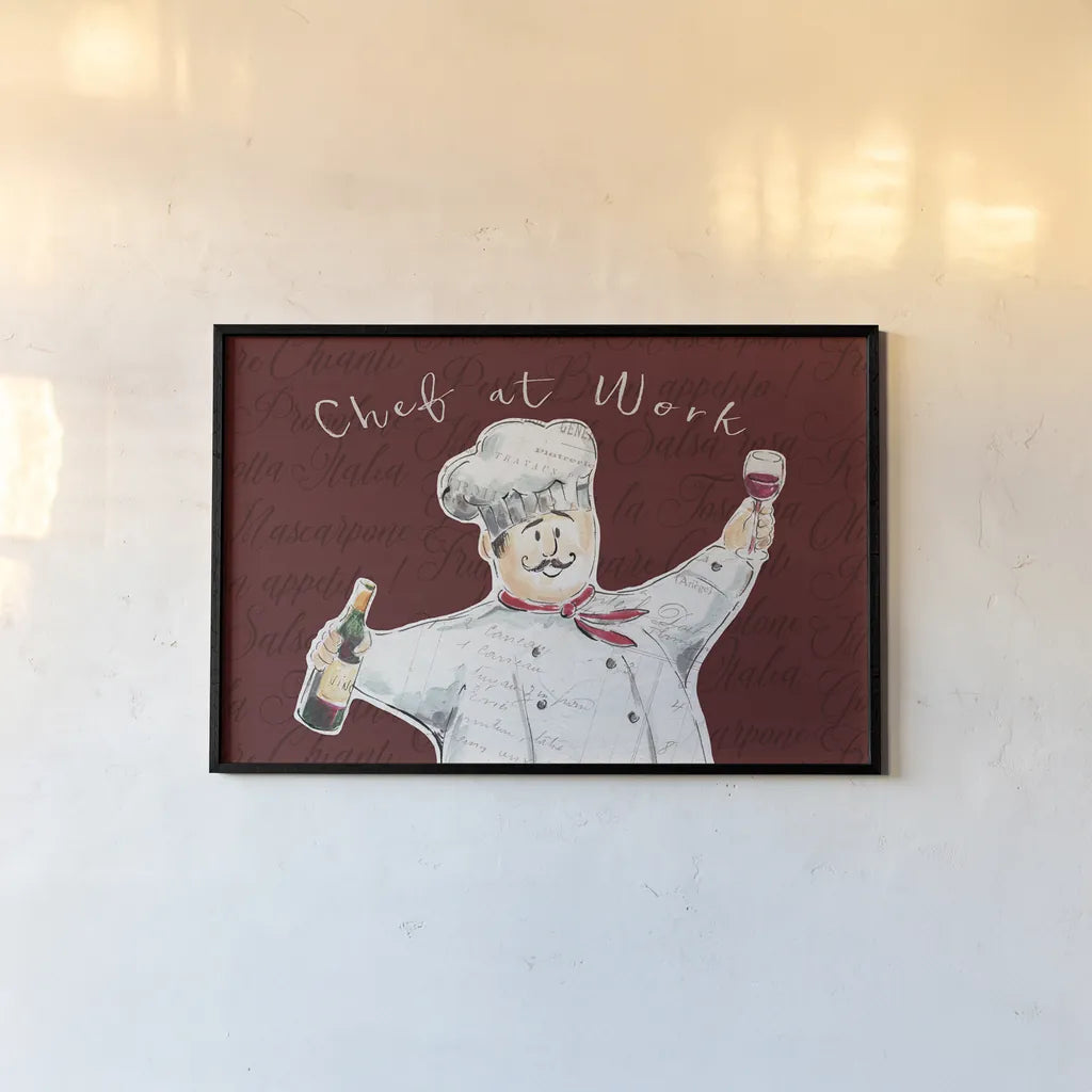 Chef at Work II by Daphne Brissonnet. shown as a paper print in a black flame. Available as a archival giclee rolled canvas, fine art paper, or poster print. SKU 52668i.