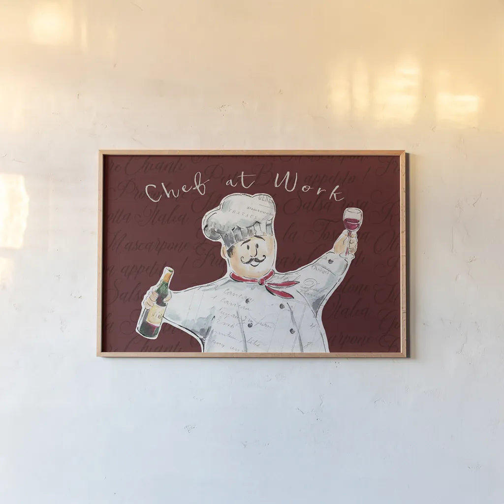 Chef at Work II by Daphne Brissonnet. shown as a paper print in a natural frame. Available as a archival giclee rolled canvas, fine art paper, or poster print. SKU 52668i.