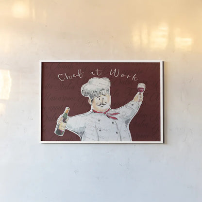 Chef at Work II by Daphne Brissonnet. shown as a paper print in a white frame. Available as a archival giclee rolled canvas, fine art paper, or poster print. SKU 52668i.