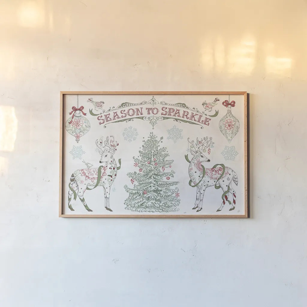 Christmas Season I by Daphne Brissonnet. shown as a paper print in a natural frame. Available as a archival giclee rolled canvas, fine art paper, or poster print. SKU 81011i.