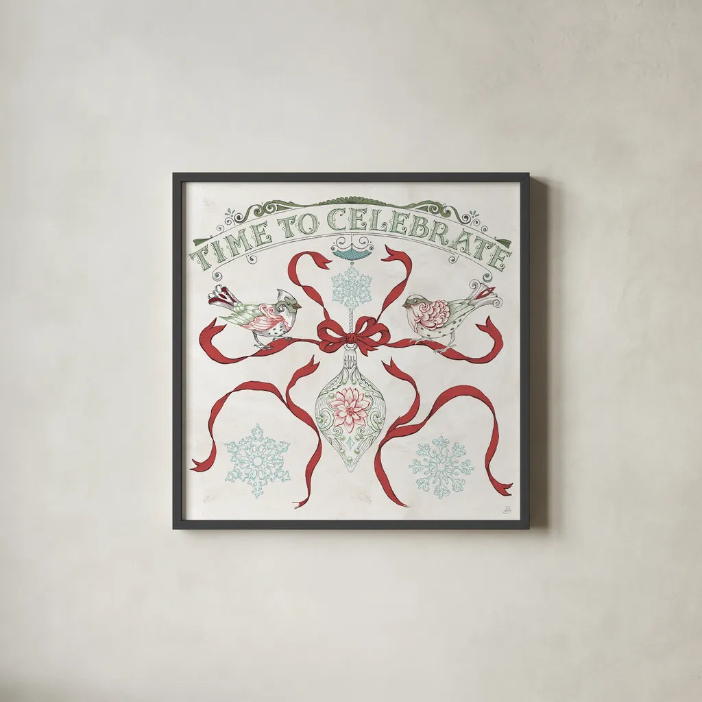 Christmas Season II by Daphne Brissonnet. Shown in a sleek black glass frame for a contemporary gallery look. Available as an archival giclee rolled canvas, fine art paper, or poster print. SKU 81012a.