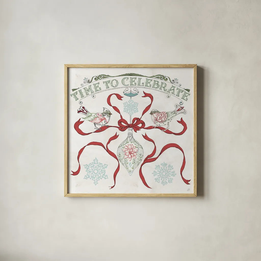 Christmas Season II by Daphne Brissonnet. Shown in a natural wood glass frame for a timeless modern aesthetic. Available as an archival giclee rolled canvas, fine art paper, or poster print. SKU 81012a.