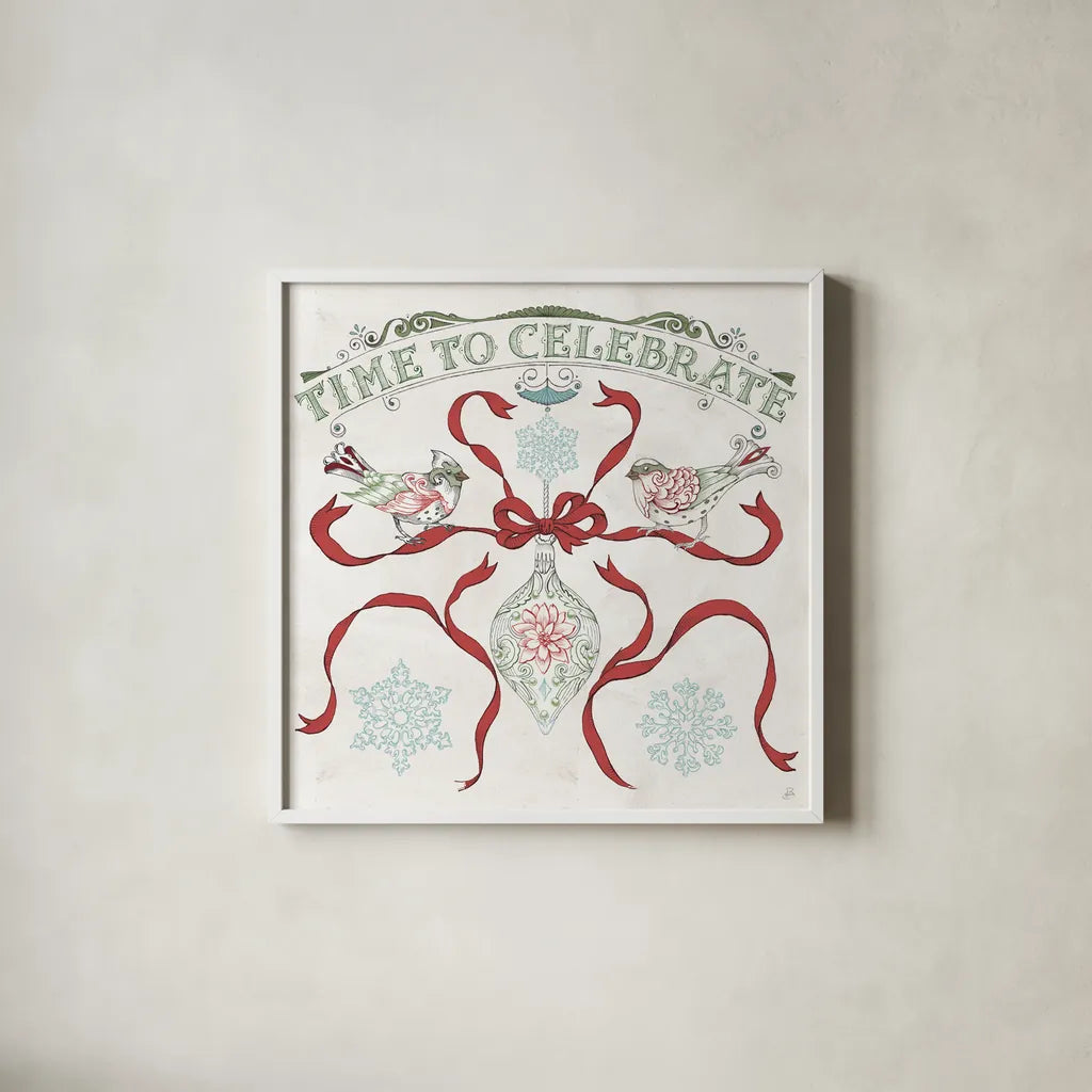Christmas Season II by Daphne Brissonnet. Shown in a crisp white glass frame for a clean and minimalist style. Available as an archival giclee rolled canvas, fine art paper, or poster print. SKU 81012a.