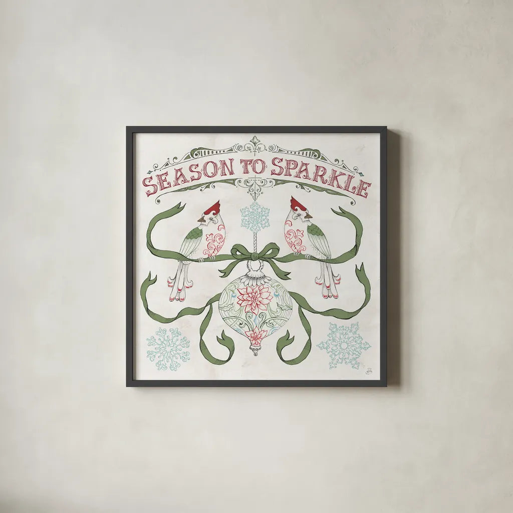 Christmas Season III by Daphne Brissonnet. Shown in a sleek black glass frame for a contemporary gallery look. Available as an archival giclee rolled canvas, fine art paper, or poster print. SKU 81013a.