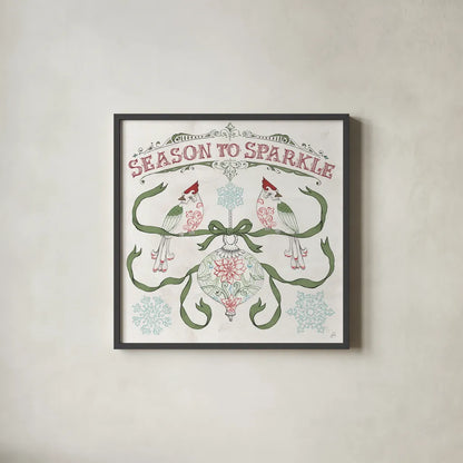 Christmas Season III by Daphne Brissonnet. Shown in a sleek black glass frame for a contemporary gallery look. Available as an archival giclee rolled canvas, fine art paper, or poster print. SKU 81013a.