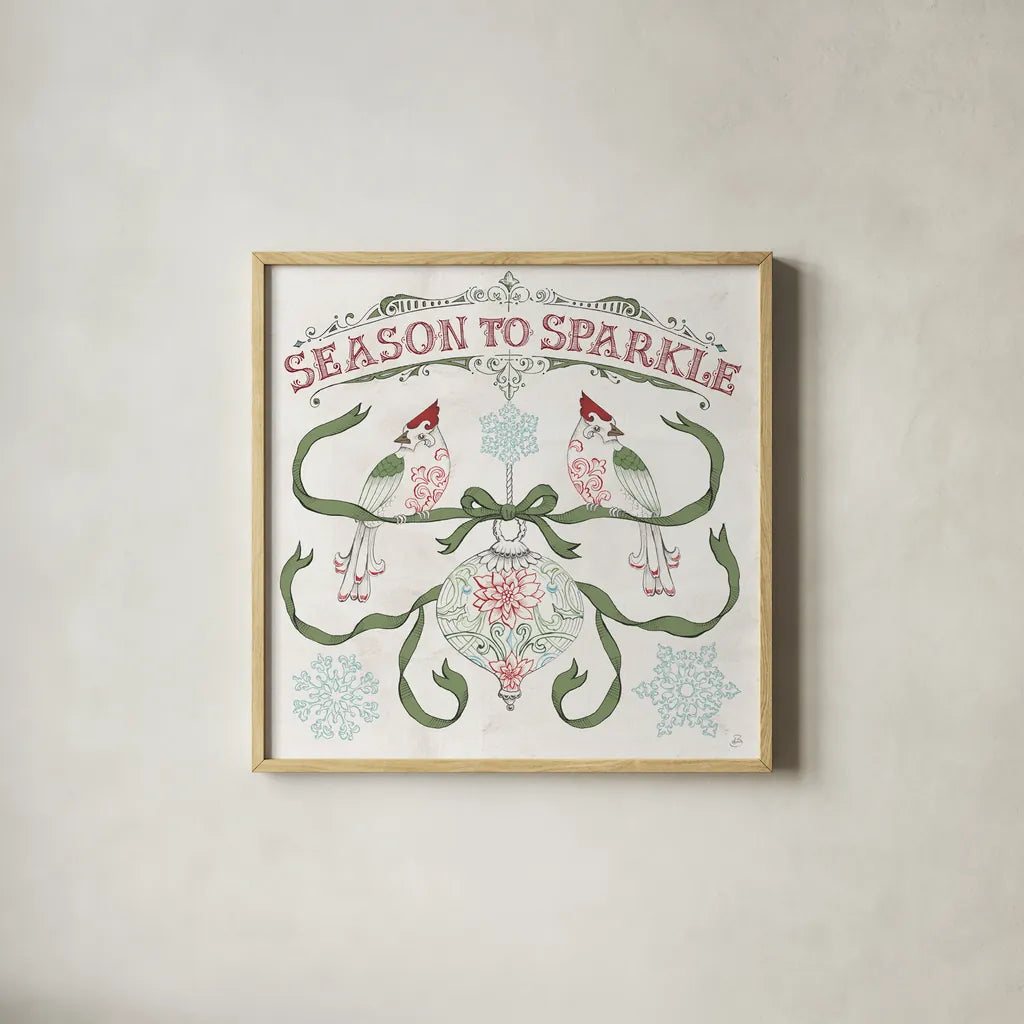 Christmas Season III by Daphne Brissonnet. Shown in a natural wood glass frame for a timeless modern aesthetic. Available as an archival giclee rolled canvas, fine art paper, or poster print. SKU 81013a.