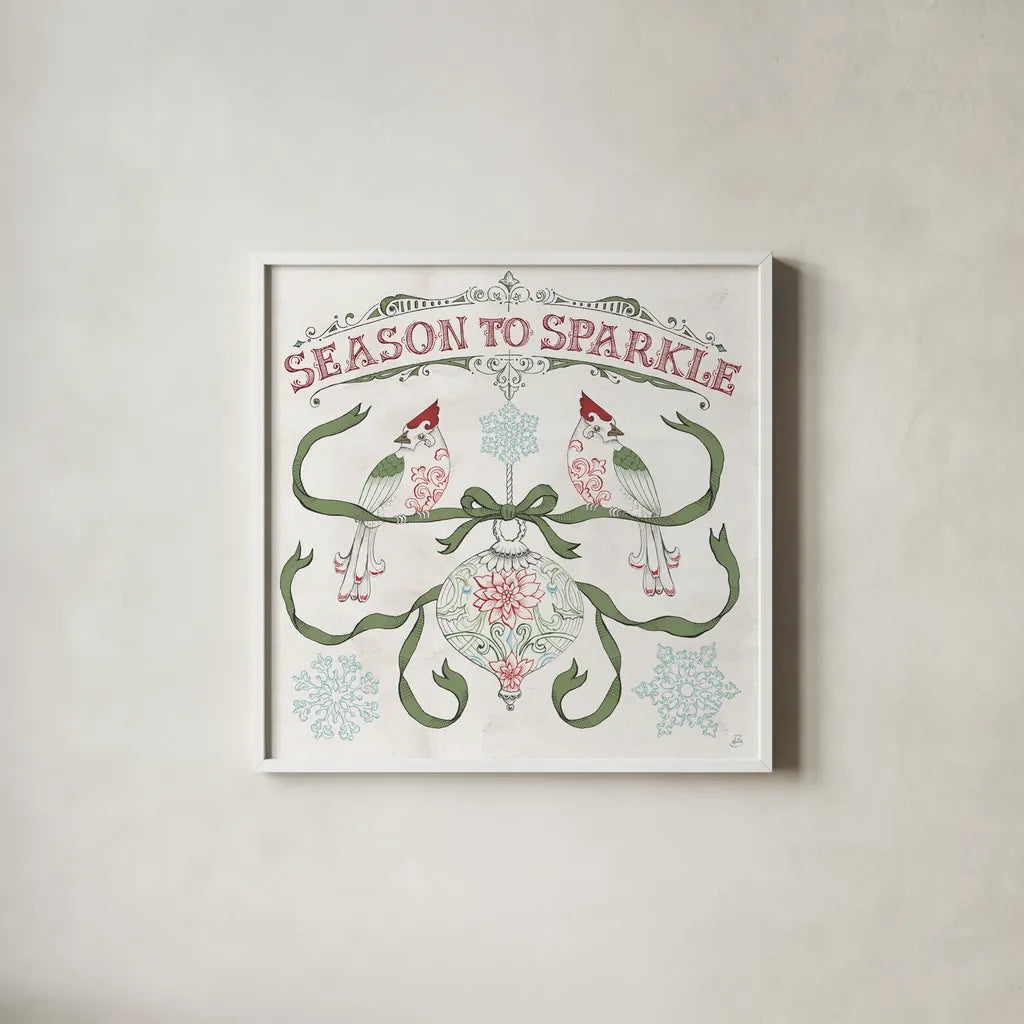 Christmas Season III by Daphne Brissonnet. Shown in a crisp white glass frame for a clean and minimalist style. Available as an archival giclee rolled canvas, fine art paper, or poster print. SKU 81013a.