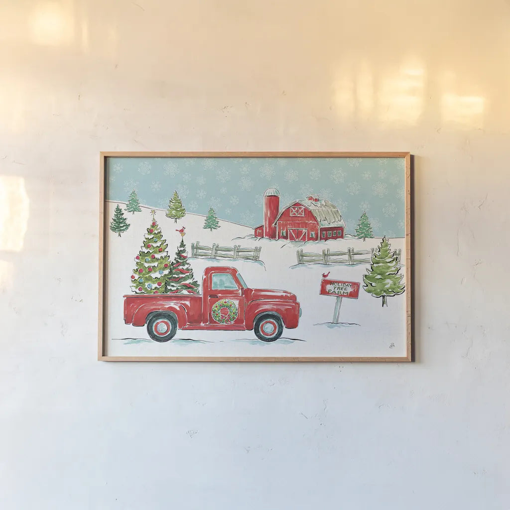 Christmas in the Country I by Daphne Brissonnet. shown as a paper print in a natural frame. Available as a archival giclee rolled canvas, fine art paper, or poster print. SKU 35809i.