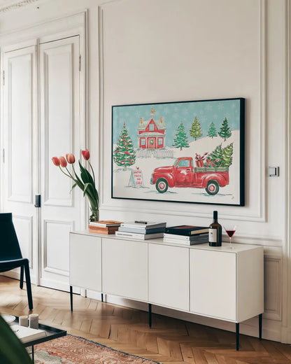 Christmas in the Country II by Daphne Brissonnet. shown as a framed stretched canvas in a living room above a console. Available as a archival giclee rolled canvas, fine art paper, or poster print. SKU 35810i.