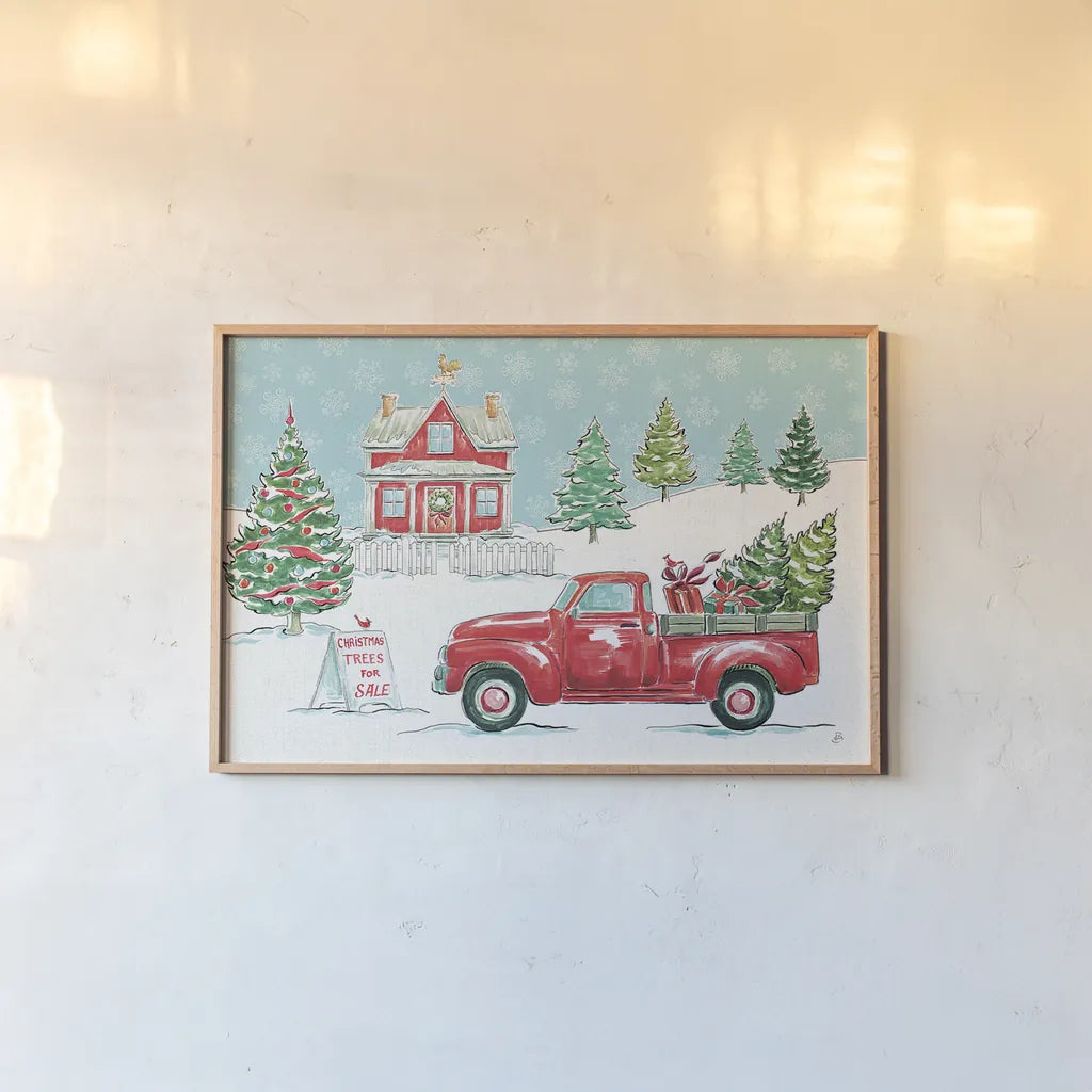 Christmas in the Country II by Daphne Brissonnet. shown as a paper print in a natural frame. Available as a archival giclee rolled canvas, fine art paper, or poster print. SKU 35810i.