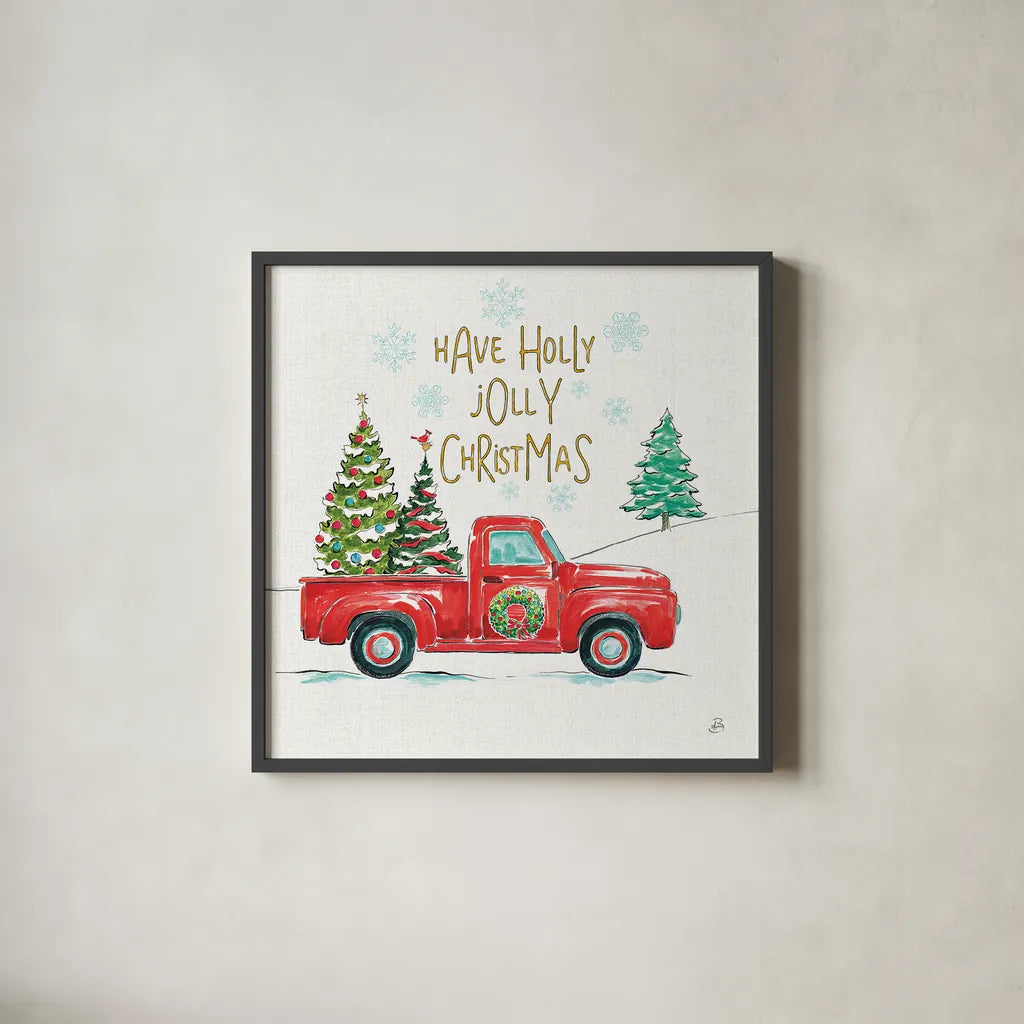 Christmas in the Country III by Daphne Brissonnet. Shown in a sleek black glass frame for a contemporary gallery look. Available as an archival giclee rolled canvas, fine art paper, or poster print. SKU 35811a.