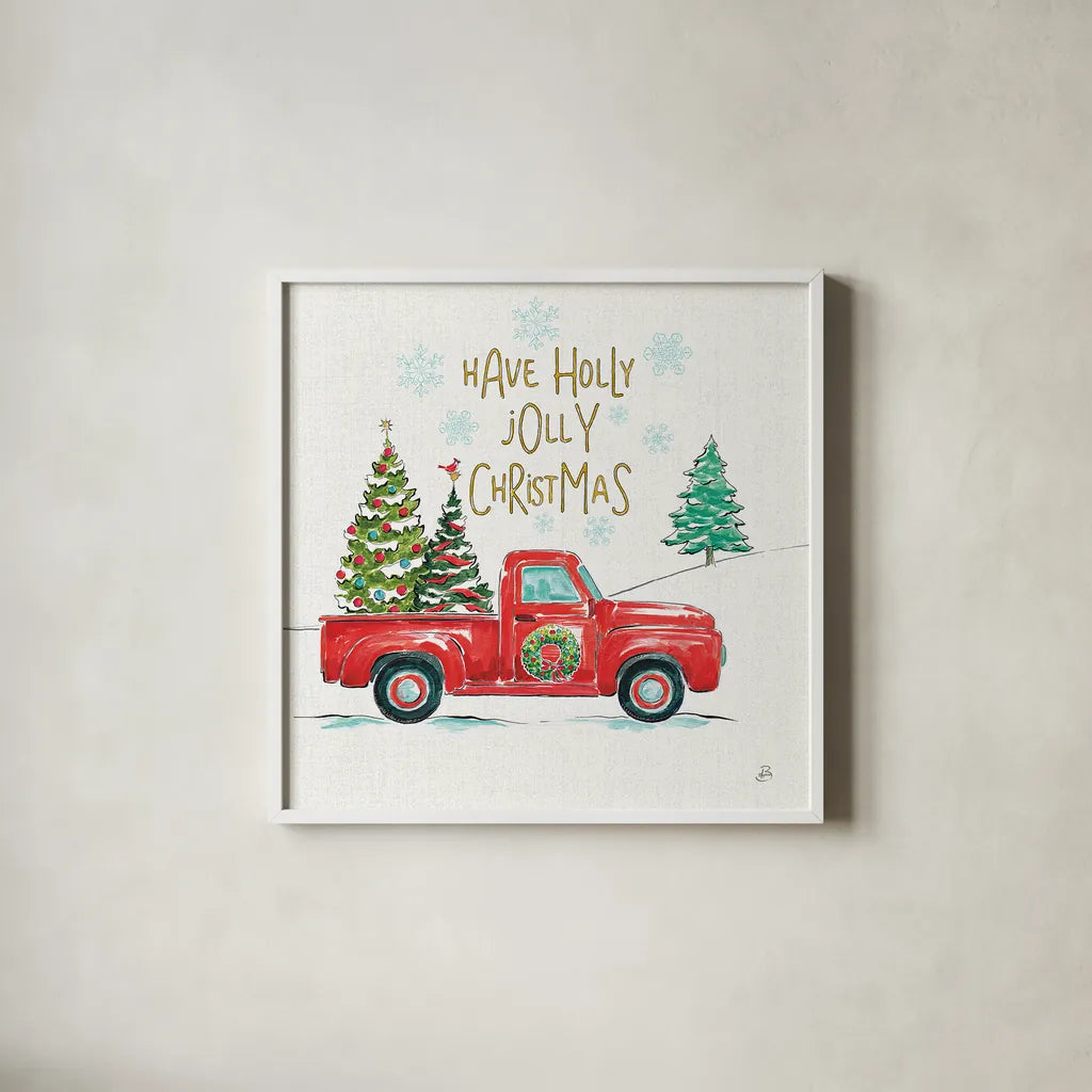 Christmas in the Country III by Daphne Brissonnet. Shown in a crisp white glass frame for a clean and minimalist style. Available as an archival giclee rolled canvas, fine art paper, or poster print. SKU 35811a.