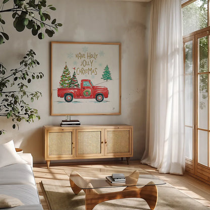 Christmas in the Country III by Daphne Brissonnet. Shown in a natural wood frame in a cozy modern living room. Available as an archival giclee rolled canvas, fine art paper, or poster print. SKU 35811a.
