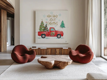 Christmas in the Country III by Daphne Brissonnet. Shown as extra-large giant wall art in a modern living room. Available as an archival giclee rolled canvas, fine art paper, or poster print. SKU 35811a.