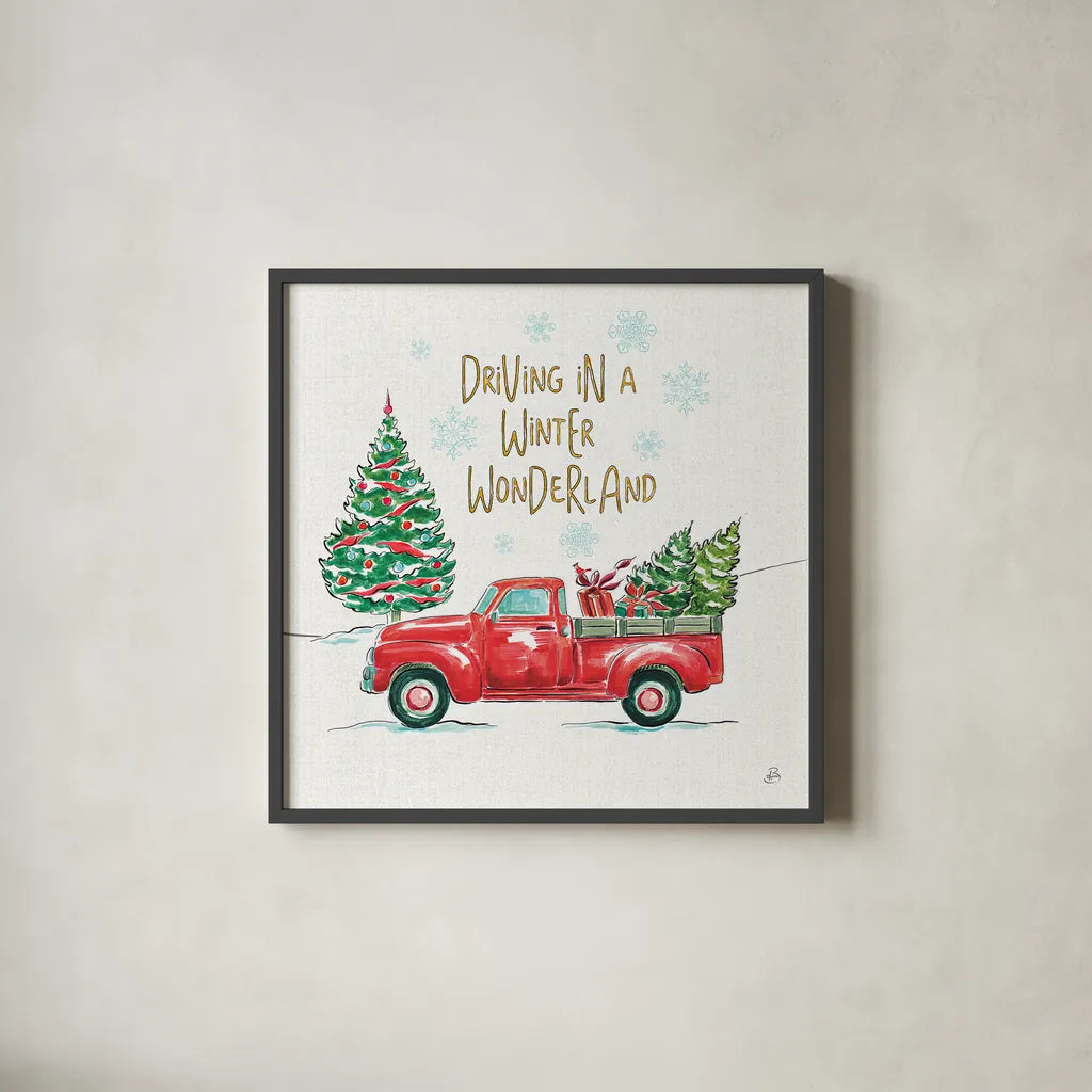 Christmas in the Country IV by Daphne Brissonnet. Shown in a sleek black glass frame for a contemporary gallery look. Available as an archival giclee rolled canvas, fine art paper, or poster print. SKU 35812a.