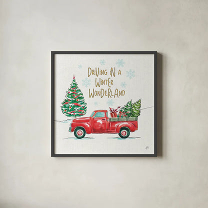 Christmas in the Country IV by Daphne Brissonnet. Shown in a sleek black glass frame for a contemporary gallery look. Available as an archival giclee rolled canvas, fine art paper, or poster print. SKU 35812a.