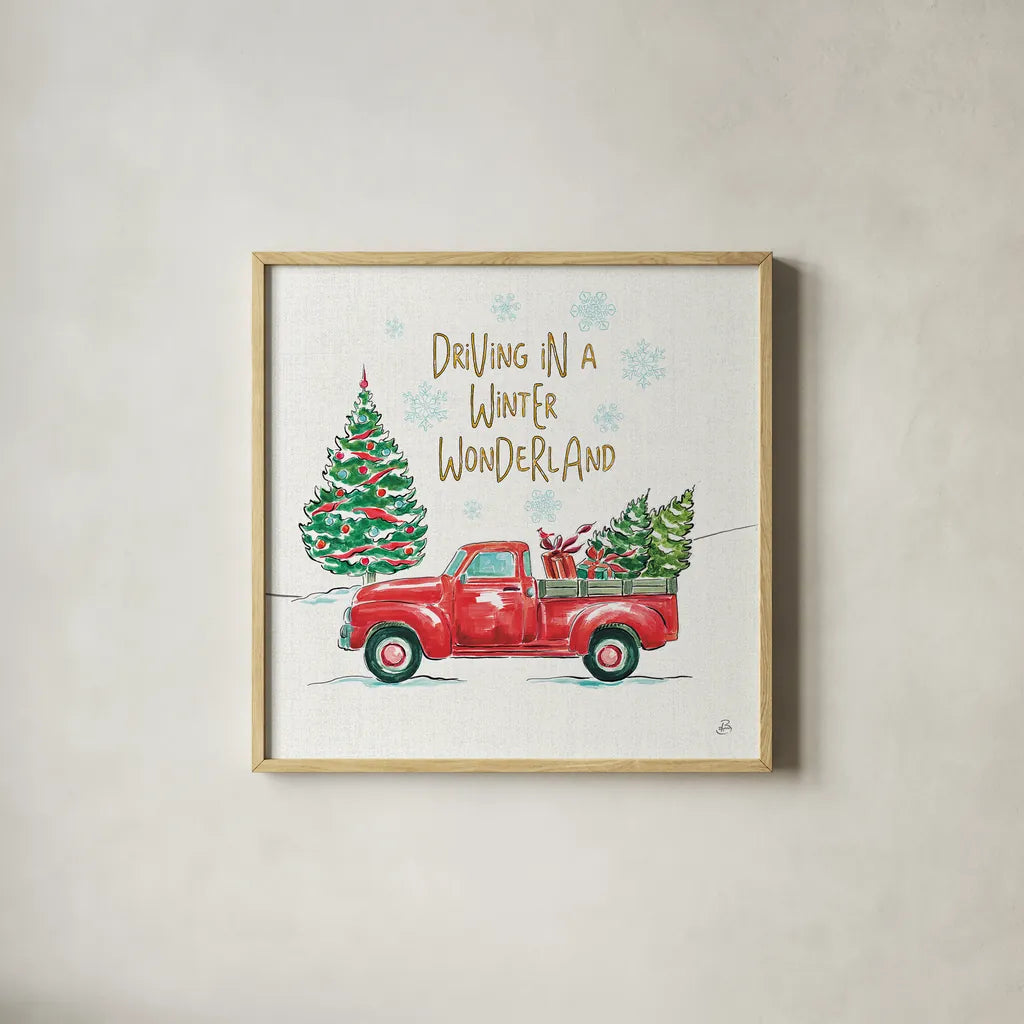 Christmas in the Country IV by Daphne Brissonnet. Shown in a natural wood glass frame for a timeless modern aesthetic. Available as an archival giclee rolled canvas, fine art paper, or poster print. SKU 35812a.