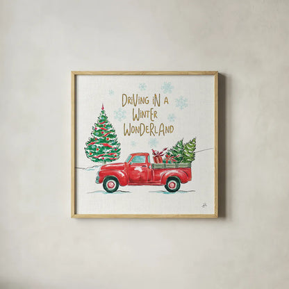 Christmas in the Country IV by Daphne Brissonnet. Shown in a natural wood glass frame for a timeless modern aesthetic. Available as an archival giclee rolled canvas, fine art paper, or poster print. SKU 35812a.