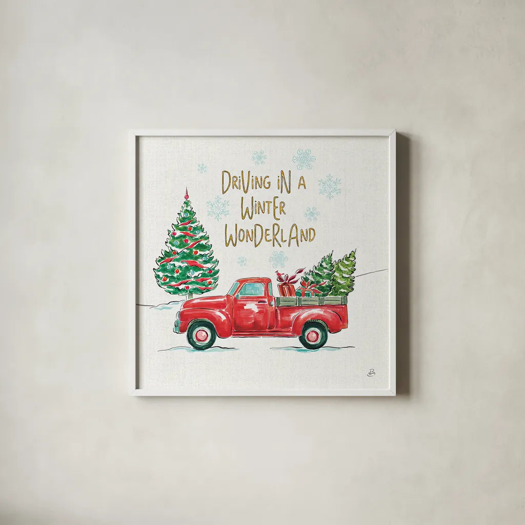 Christmas in the Country IV by Daphne Brissonnet. Shown in a crisp white glass frame for a clean and minimalist style. Available as an archival giclee rolled canvas, fine art paper, or poster print. SKU 35812a.