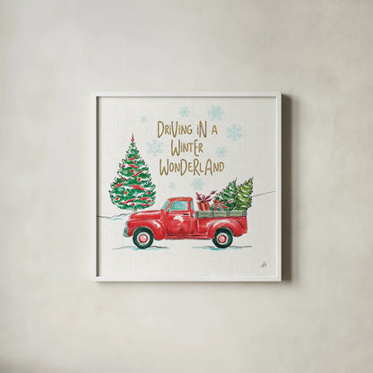 Christmas in the Country IV by Daphne Brissonnet. Shown in a crisp white glass frame for a clean and minimalist style. Available as an archival giclee rolled canvas, fine art paper, or poster print. SKU 35812a.