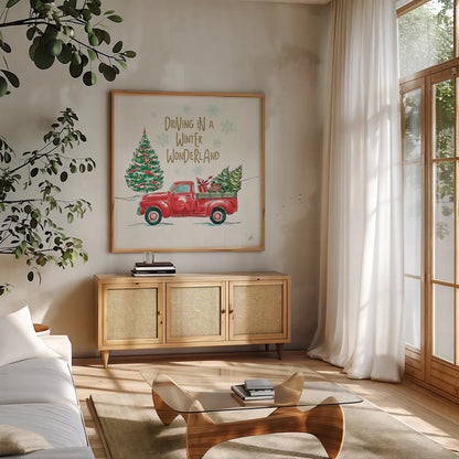 Christmas in the Country IV by Daphne Brissonnet. Shown in a natural wood frame in a cozy modern living room. Available as an archival giclee rolled canvas, fine art paper, or poster print. SKU 35812a.