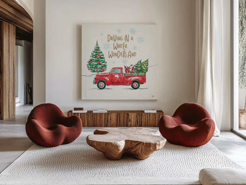 Christmas in the Country IV by Daphne Brissonnet. Shown as extra-large giant wall art in a modern living room. Available as an archival giclee rolled canvas, fine art paper, or poster print. SKU 35812a.