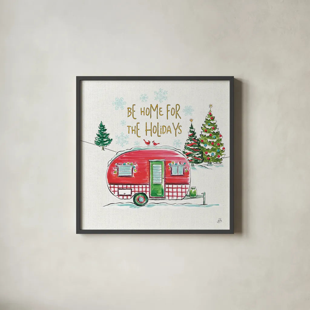 Christmas in the Country V by Daphne Brissonnet. Shown in a sleek black glass frame for a contemporary gallery look. Available as an archival giclee rolled canvas, fine art paper, or poster print. SKU 35813a.