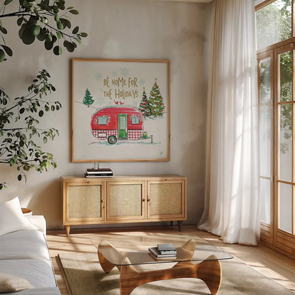 Christmas in the Country V by Daphne Brissonnet. Shown in a natural wood frame in a cozy modern living room. Available as an archival giclee rolled canvas, fine art paper, or poster print. SKU 35813a.