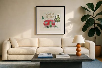 Christmas in the Country V by Daphne Brissonnet. Displayed in a glass frame with matte in a clean modern living room. Available as an archival giclee rolled canvas, fine art paper, or poster print. SKU 35813a.