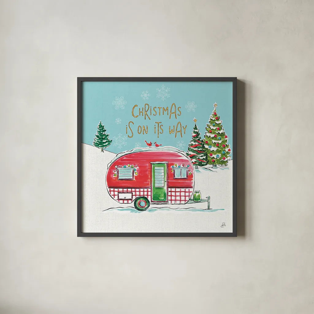 Christmas in the Country V On Its Way by Daphne Brissonnet. Shown in a sleek black glass frame for a contemporary gallery look. Available as an archival giclee rolled canvas, fine art paper, or poster print. SKU 37384a.