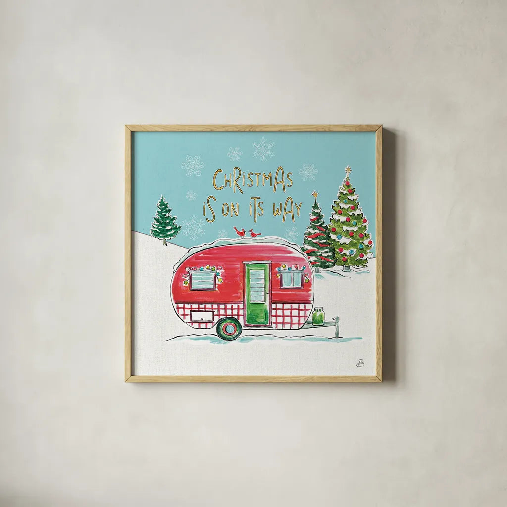 Christmas in the Country V On Its Way by Daphne Brissonnet. Shown in a natural wood glass frame for a timeless modern aesthetic. Available as an archival giclee rolled canvas, fine art paper, or poster print. SKU 37384a.