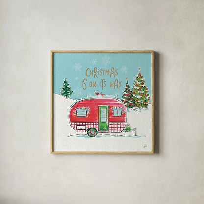 Christmas in the Country V On Its Way by Daphne Brissonnet. Shown in a natural wood glass frame for a timeless modern aesthetic. Available as an archival giclee rolled canvas, fine art paper, or poster print. SKU 37384a.