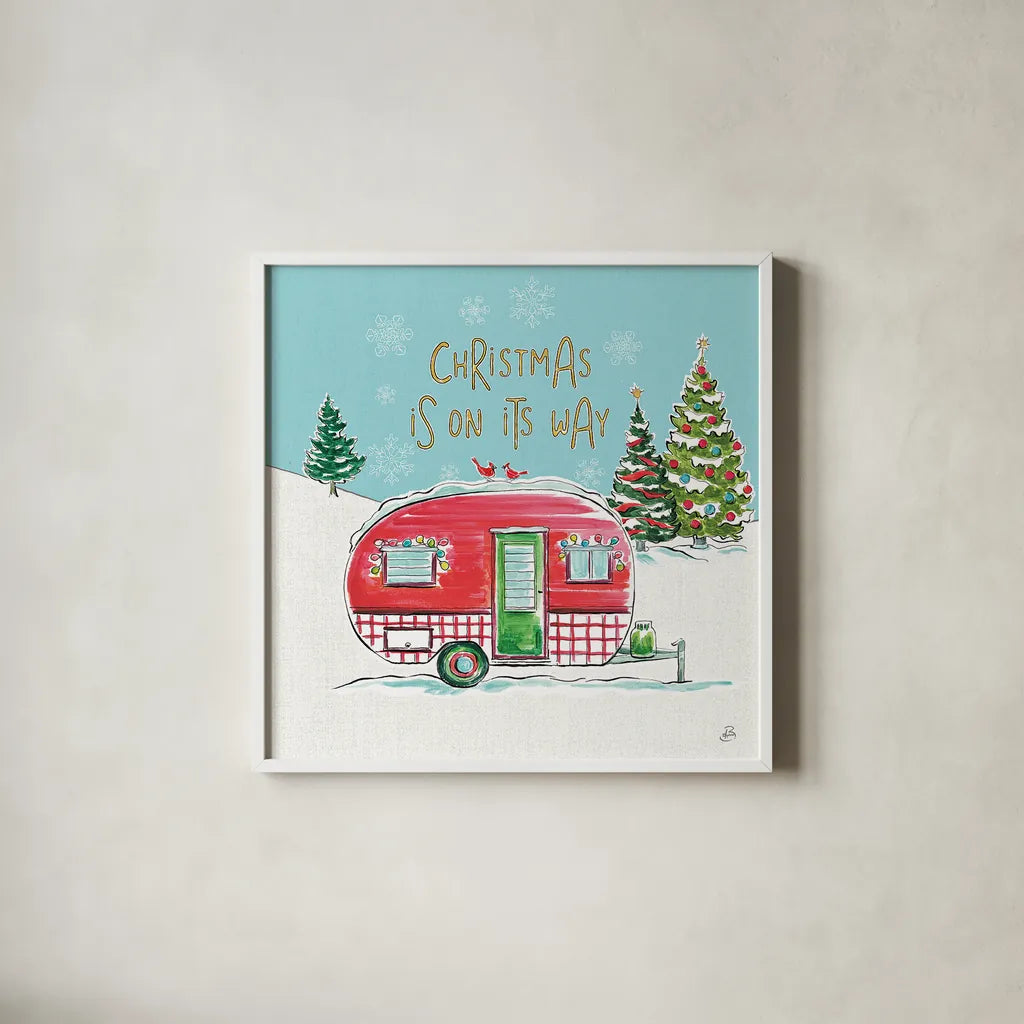 Christmas in the Country V On Its Way by Daphne Brissonnet. Shown in a crisp white glass frame for a clean and minimalist style. Available as an archival giclee rolled canvas, fine art paper, or poster print. SKU 37384a.