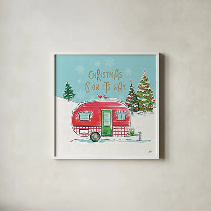 Christmas in the Country V On Its Way by Daphne Brissonnet. Shown in a crisp white glass frame for a clean and minimalist style. Available as an archival giclee rolled canvas, fine art paper, or poster print. SKU 37384a.