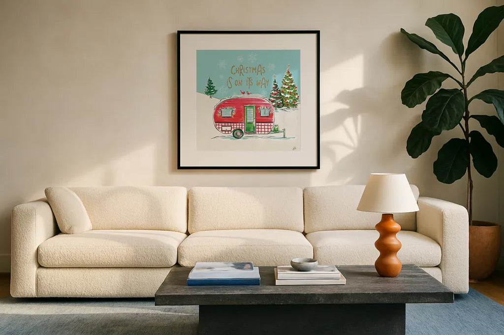 Christmas in the Country V On Its Way by Daphne Brissonnet. Displayed in a glass frame with matte in a clean modern living room. Available as an archival giclee rolled canvas, fine art paper, or poster print. SKU 37384a.