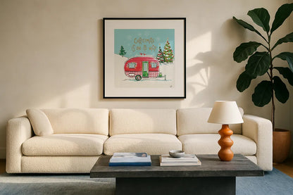 Christmas in the Country V On Its Way by Daphne Brissonnet. Displayed in a glass frame with matte in a clean modern living room. Available as an archival giclee rolled canvas, fine art paper, or poster print. SKU 37384a.