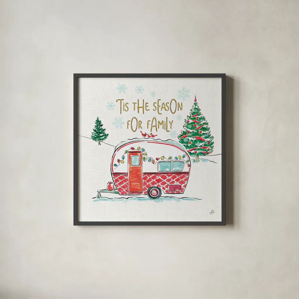 Christmas in the Country VI by Daphne Brissonnet. Shown in a sleek black glass frame for a contemporary gallery look. Available as an archival giclee rolled canvas, fine art paper, or poster print. SKU 35814a.