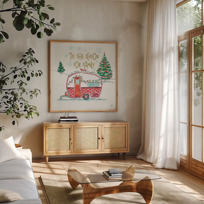Christmas in the Country VI by Daphne Brissonnet. Shown in a natural wood frame in a cozy modern living room. Available as an archival giclee rolled canvas, fine art paper, or poster print. SKU 35814a.