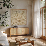 Coast to Coast Sepia I by Daphne Brissonnet. Shown in a natural wood frame in a cozy modern living room. Available as an archival giclee rolled canvas, fine art paper, or poster print. SKU 14057a.