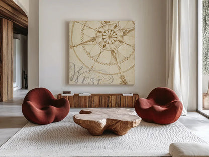 Coast to Coast Sepia IV by Daphne Brissonnet. Shown as extra-large giant wall art in a modern living room. Available as an archival giclee rolled canvas, fine art paper, or poster print. SKU 14060a.