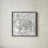 Color My World Elephant II Square by Daphne Brissonnet. Shown in a sleek black glass frame for a contemporary gallery look. Available as an archival giclee rolled canvas, fine art paper, or poster print. SKU 28948a.