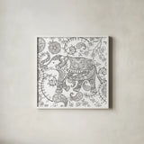 Color My World Elephant II Square by Daphne Brissonnet. Shown in a crisp white glass frame for a clean and minimalist style. Available as an archival giclee rolled canvas, fine art paper, or poster print. SKU 28948a.