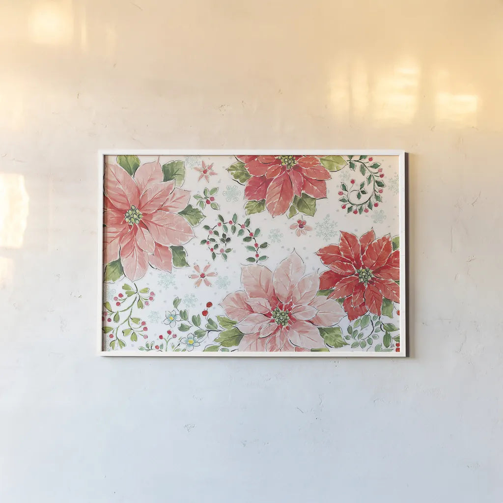 Country Poinsettias I by Daphne Brissonnet. shown as a paper print in a white frame. Available as a archival giclee rolled canvas, fine art paper, or poster print. SKU 46263i.