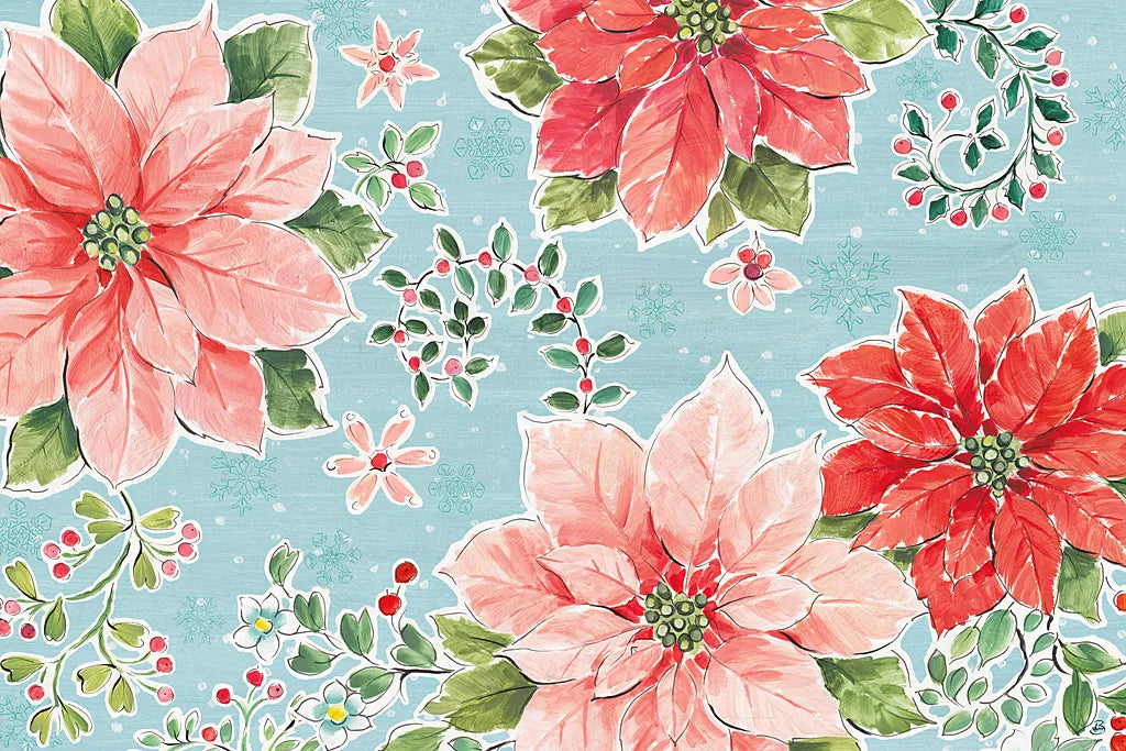Country Poinsettias I Blue by Daphne Brissonnet. SKU 46269i. Archival Giclee Fine art print for wall decor.