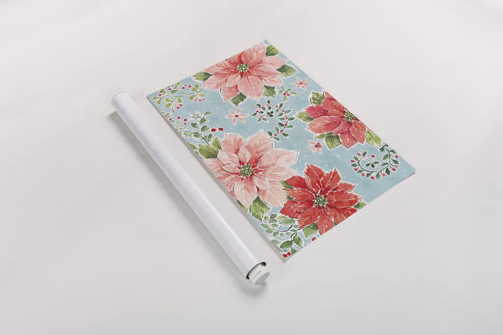 Country Poinsettias I Blue by Daphne Brissonnet. shown as a rolled paper print. Available as archival giclee rolled canvas, fine art paper, or poster print. SKU 46269i.