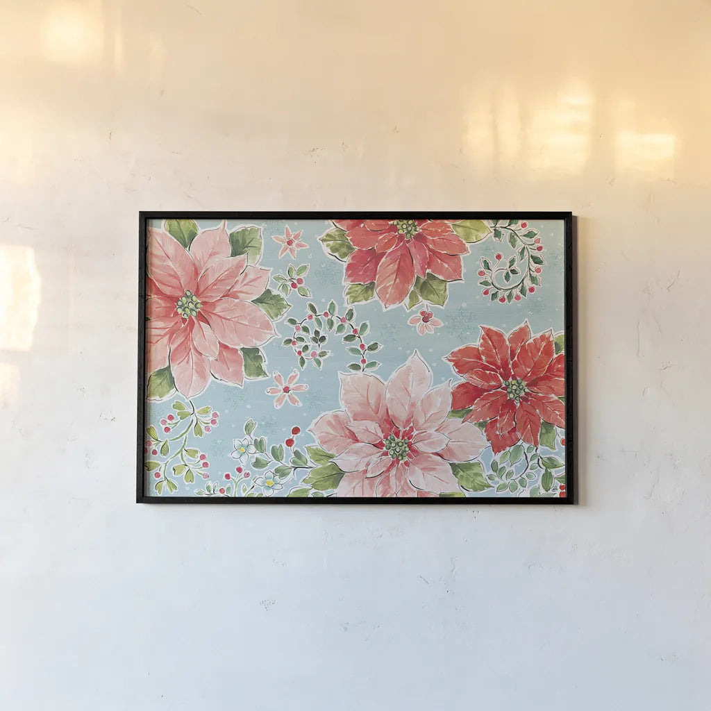 Country Poinsettias I Blue by Daphne Brissonnet. shown as a paper print in a black flame. Available as a archival giclee rolled canvas, fine art paper, or poster print. SKU 46269i.