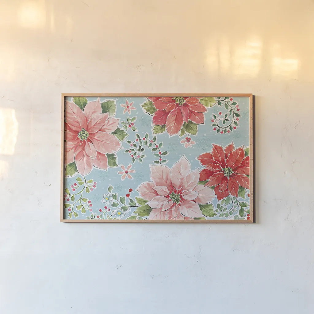 Country Poinsettias I Blue by Daphne Brissonnet. shown as a paper print in a natural frame. Available as a archival giclee rolled canvas, fine art paper, or poster print. SKU 46269i.