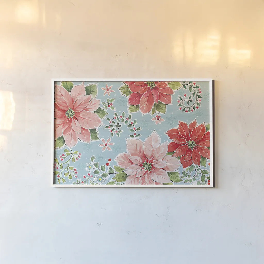 Country Poinsettias I Blue by Daphne Brissonnet. shown as a paper print in a white frame. Available as a archival giclee rolled canvas, fine art paper, or poster print. SKU 46269i.