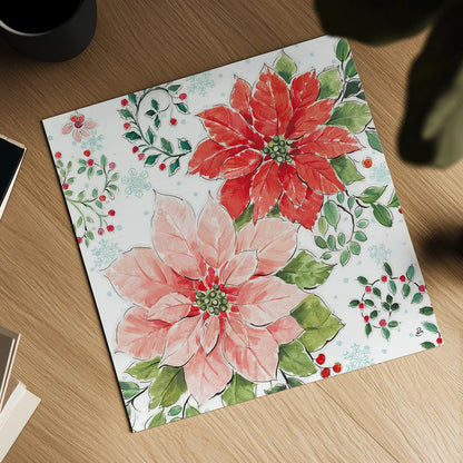 Country Poinsettias II by Daphne Brissonnet. Shown as a detailed flat fine art print, highlighting archival giclee quality. Available as an archival giclee rolled canvas, fine art paper, or poster print. SKU 46264a.